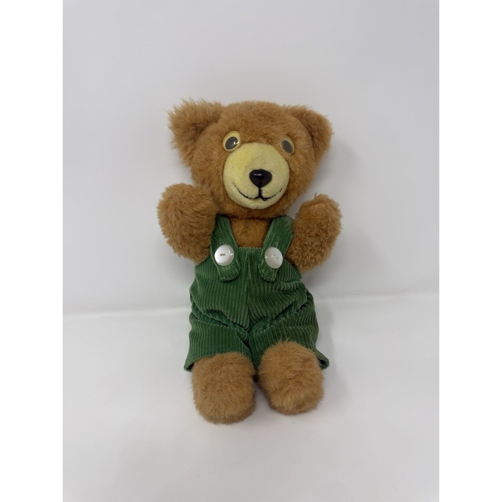 Vintage Trudy Plush Corduroy Bear Stuffed Animal Googly Eyes Green Overalls 12"